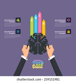 Flat Hands hold Brain Symbol, Infographics Template - Business, Marketing Touch and Choose Concept Vector Design