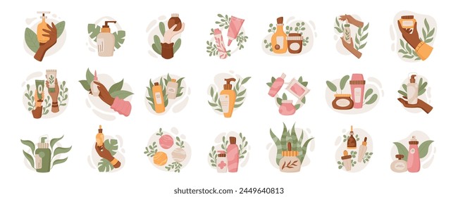 Flat hands hold organic skincare product set, colorful cosmetic bottle compositions with leaves, trendy isolated skin care collection, cartoon graphic and abstract shapes vector illustration.