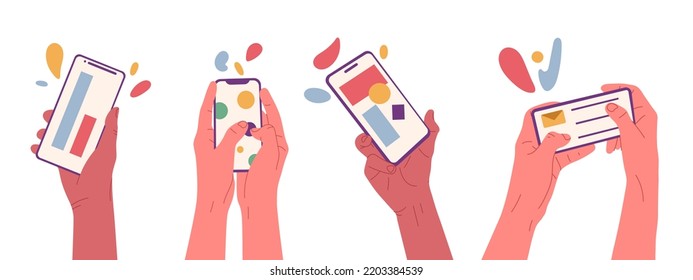 Flat hands hold smartphone, use touch screen device. Mobile payment, video chat or online shopping vector illustration set. Human hands holding mobile phones