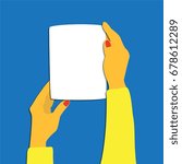 Flat hands holding banners or paper pieces. Vector illustration in a cartoon style. A digital draw. Infographic elements stylized as paper-cut art