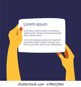 Flat hands holding banners or paper pieces. Vector illustration in a cartoon style. A digital draw