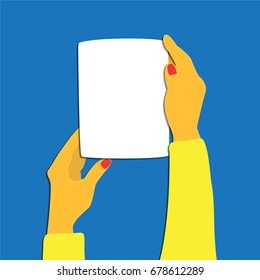 Flat hands holding banners or paper pieces. Vector illustration in a cartoon style. A digital draw. Infographic elements stylized as paper-cut art