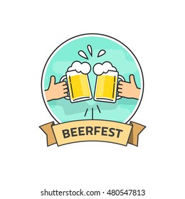 Flat hands holding beer glasses with foam and bubbles toasting, beer festival vector label isolated on white background