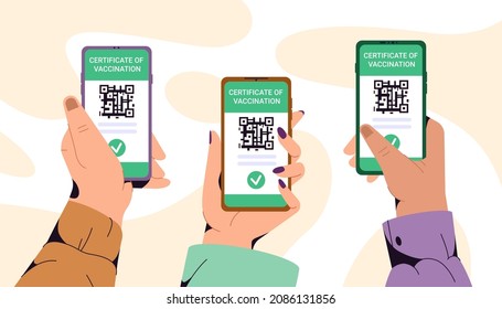 Flat Hände, die Handys halten und grünes Impfzertifikat zeigen. Smartphone mit Impfstoff QR Code in mobile App. Geimpfte Menschen, die einen digitalen Gesundheitspass für Reisen benutzen. Konzept der Immunität.