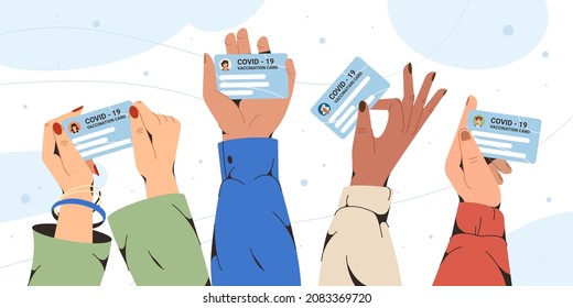 Flat hands holding vaccination record card. Vaccinated people hold health passport. Personal coronavirus vaccine information, individual immunity certificate. Protection from virus.