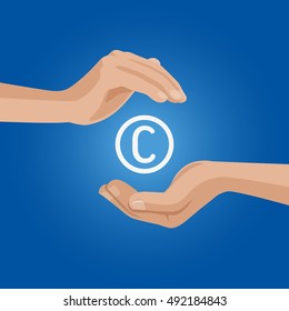 Flat hands protect Copyright sign mark vector illustration. Rights infringement protection concept.