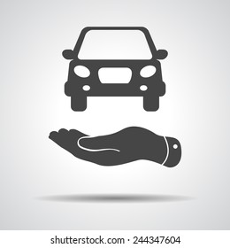 flat hands showing black car icon - vector illustration