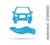 flat hands showing blue car icon - vector illustration