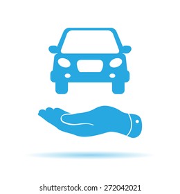 flat hands showing blue car icon - vector illustration