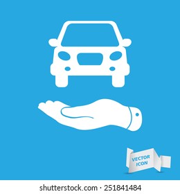 flat hands showing white car icon - vector illustration