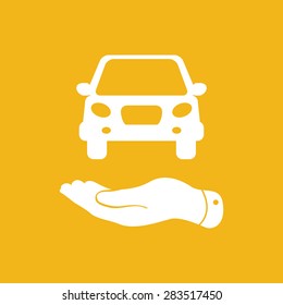 flat hands showing white car icon - vector illustration