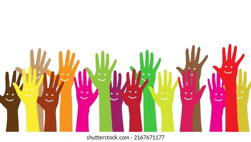 Flat Hands Up with smiling face - Concept of raised up hands