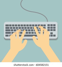 Flat Hands typing on keyboard with cable and pastel background vector illustration