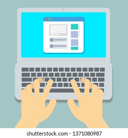 Flat Hands typing on laptop pastel background vector illustration.Working with computer. 