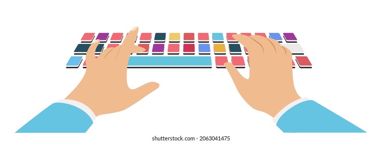 Flat Hands typing on white keyboard with cable and pastel background