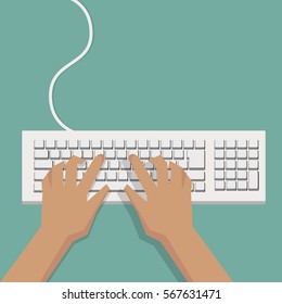 Flat Hands Typing On White Keyboard With Cable And Pastel Background