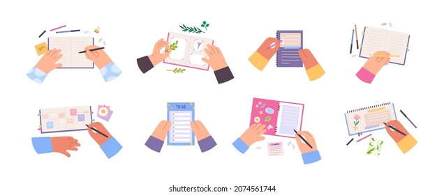 Flat hands write in notebook, decorate diary or journal. Organize office document or personal planner. To do list or plan notepad vector set. Filling in timetable or schedule with pen or pencil