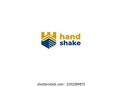 Logotipo de apretón de manos plano con idea de ilustración de diseño de vectores de iconos de castillo