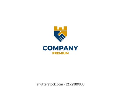 Flat handshake logo with castle icon vector design illustration idea