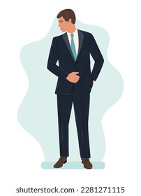 Un hombre de pie y con traje y corbata. Dibujo gráfico aislado de vectores de Groom en pleno crecimiento.