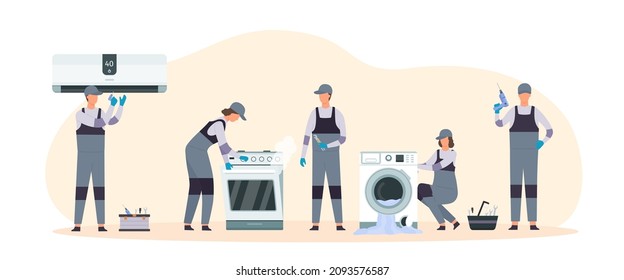 Flat Handyman Masters Group Repair Broken Electrical Appliances. People Fix Home Air Conditioner, Owen And Washing Machine, Vector Concept. Fixing And Repair By Worker