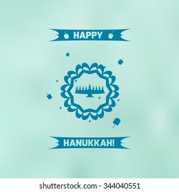 Flat hanukkah menorah on blue blurred background.