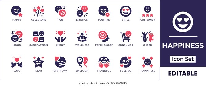 Flat happiness icon set featuring joy, positivity, well-being, mental peace, smiling faces, celebrations, emotional wellness, and cheerful expressions.