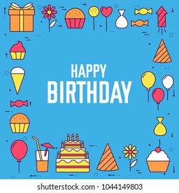 Flat happy Birthday festive background with confetti icons set. Party and celebration elements: balloons, cake, drinks, gifts. Thin lines style design.