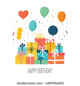 Flat happy Birthday festive background with balloons, confetti, gifts. Party and celebration design elements