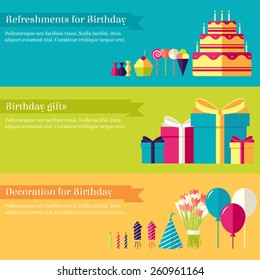 Flat happy Birthday festive background with confetti icons set. Party and celebration elements: balloons, confetti,  drinks, concept. Illustration template for your design, web and mobile applications.