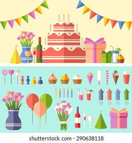 Flat happy Birthday festive background with confetti icons set. Party and celebration elements: balloons, cake, drinks, gifts. Pastel style design