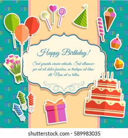 Flat happy Birthday festive background with confetti icons set. Party and celebration design elements: balloons, confetti, cake, drinks, gifts concept.