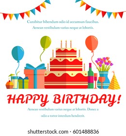 Flat happy Birthday festive background with confetti icons set. Party and celebration elements: balloons, confetti, drinks, concept. Illustration template for your design, web and mobile applications