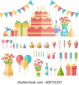 Flat happy Birthday festive background with confetti icons set. Party and celebration design elements: balloons, confetti, cake, drinks, gifts concept.