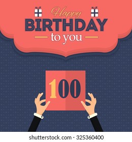 Flat Happy Birthday Vector Design. Announcement and Celebration Message Poster, Flyer Flat Style Age 100