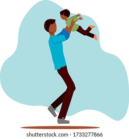 Flat happy black dad with a child are playing. Dad throws up his son. Vector illustration. Man, girl, boy. African american family. Website concept, banner, stationery. fathers day
