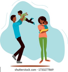 Flat happy black family with children vector illustration. Mom, dad and children are walking. Woman, man, girl, boy. African american family. Concept for website, banner, stationery. father's day