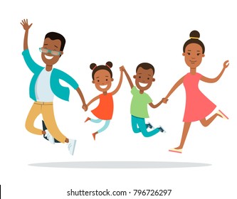 Flat happy black Family with children vector characters illustration. Mother father with baby son and daughter jumping and hold hands. Woman, man, girl, boy. African american parenting concept.