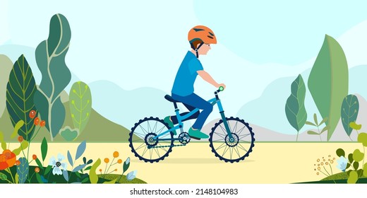 Chico de felpa en bicicleta en una carretera con flores y hojas. Deporte al aire libre en bicicleta infantil en el paisaje natural de verano por senderos a través de la vía verde. Ilustración vectorial.