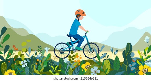 Flat happy boy kid on bicycle on a park road with flowers and leaves. Child riding colorful bike outdoor sport in natural summer landscape by pathway track through green. Vector illustration