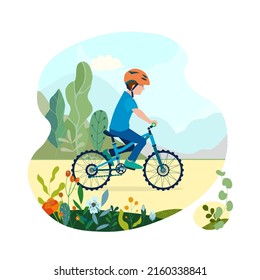 Flat happy boy kid on bicycle on a park road with flowers and leaves. Child riding colorful bike outdoor sport in natural summer landscape by pathway track through green. Vector illustration.