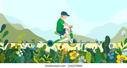 Flat happy boy kid on bicycle on a park road with flowers and leaves. Child riding colorful bike outdoor sport in natural summer landscape by pathway track through green. Vector illustration.
