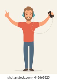 Flat Happy Character Listening to Music. Vector Illustration