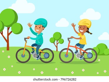 Flat happy children riding bicycle at park forest vector characters illustration. Girl and boy kids outdoor bike sport. Parenting Family concept.