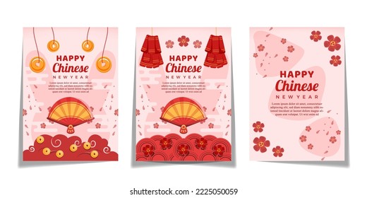 Flat Happy Chinese New Year 2023 rabbit year with traditional Chinese fans, clouds, fireworks, flowers, flower leaves, lettering, golden coins isolated on an abstract rabbit background greeting cards