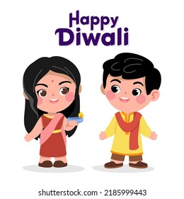 Flat Happy Diwali Cartoon Kids Children Holding Oil Lamp