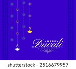 flat happy diwali festive purple background with hanging diya vector