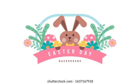 Flat happy easter day background illustration. Flat rabbit and eggs easter illustration