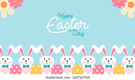 Flat happy easter day background illustration. Flat rabbit and eggs easter illustration