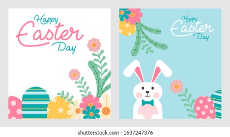 Flat happy easter day background illustration in pack. Flat rabbit and eggs easter illustration